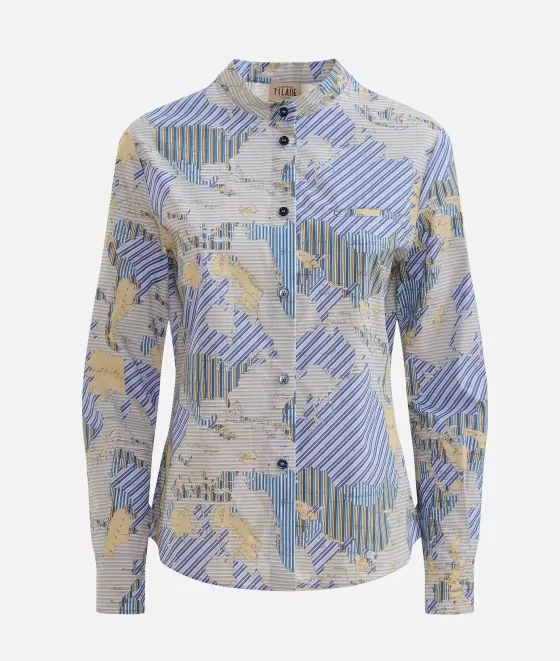Donna Alviero Martini 1a Classe Camicia Coreana In Popeline Di Cotone Biologico Stampa Geo Multirighe Blu