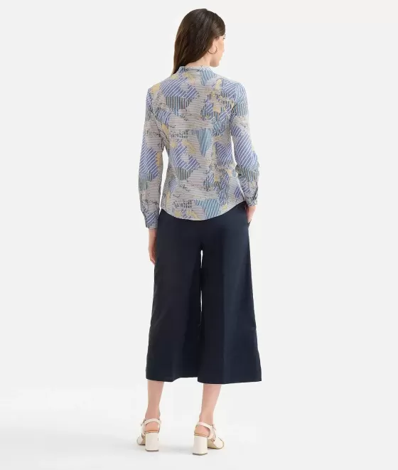 Donna Alviero Martini 1a Classe Camicia Coreana In Popeline Di Cotone Biologico Stampa Geo Multirighe Blu