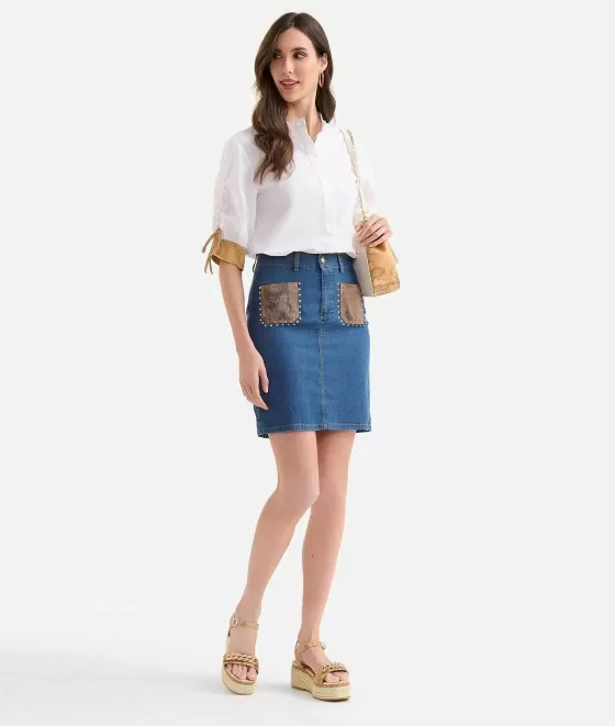 Donna Alviero Martini 1a Classe Gonna Con Borchie In Denim Leggero Blu Doppio Stone