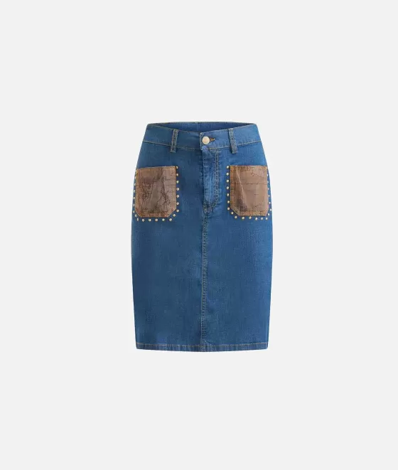 Donna Alviero Martini 1a Classe Gonna Con Borchie In Denim Leggero Blu Doppio Stone