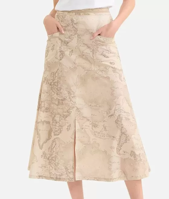 Donna Alviero Martini 1a Classe Gonna Lunga Con Tasconi In Popeline Di Cotone Geo Color Beige