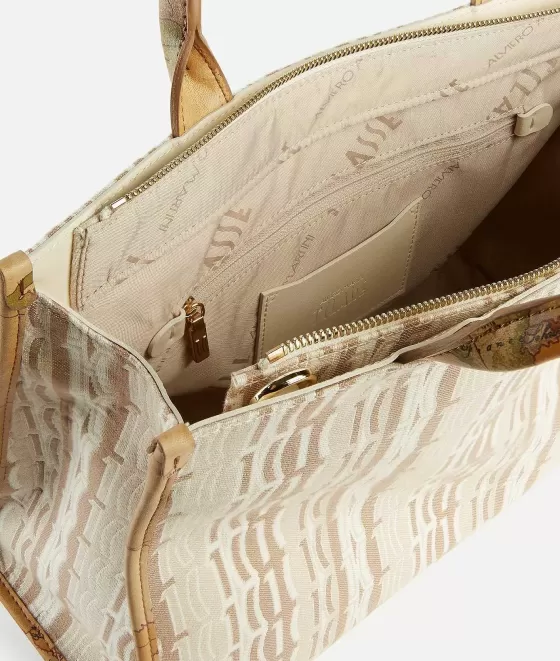 Donna Alviero Martini 1a Classe Jacquard Sand Borsa A Mano Grande Con Tracolla Naturale
