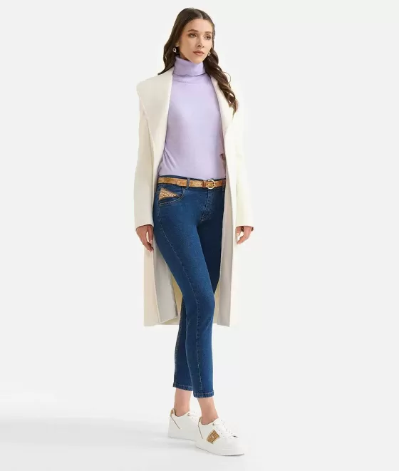 Donna Alviero Martini 1a Classe Jeans Slim Con Borchie In Denim Stretch Trattato Blu Stone