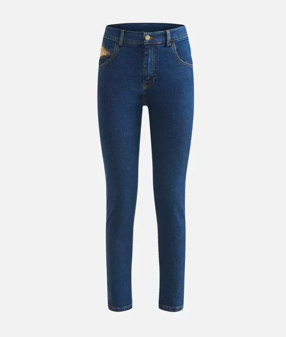 Donna Alviero Martini 1a Classe Jeans Slim Con Borchie In Denim Stretch Trattato Blu Stone