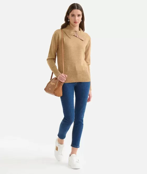 Donna Alviero Martini 1a Classe Maglia Collo Sovrapposto In Filato Misto Lana E Alpaca Cammello