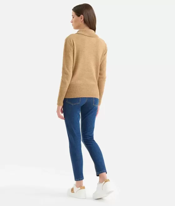 Donna Alviero Martini 1a Classe Maglia Collo Sovrapposto In Filato Misto Lana E Alpaca Cammello