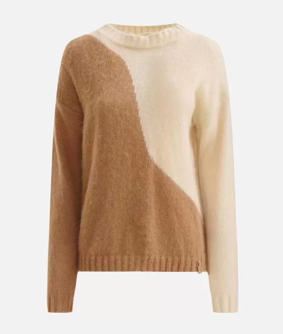 Donna Alviero Martini 1a Classe Maglia Intarsio Onda In Filato Lana Mohair Beige E Cammello