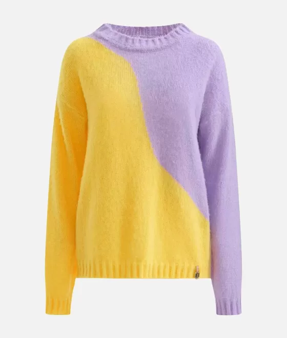 Donna Alviero Martini 1a Classe Maglia Intarsio Onda In Filato Lana Mohair Lilla E Ambra