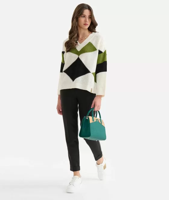 Donna Alviero Martini 1a Classe Maglia Mix Punti E Rombi In Filato Misto Lana Mohair E Alpaca Avorio