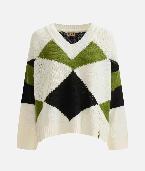 Donna Alviero Martini 1a Classe Maglia Mix Punti E Rombi In Filato Misto Lana Mohair E Alpaca Avorio