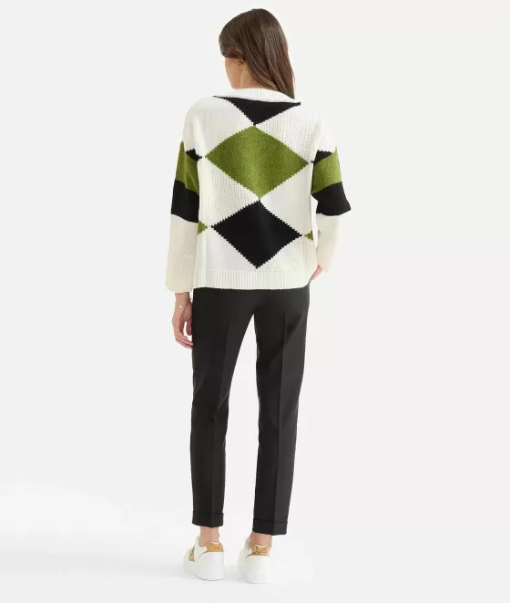 Donna Alviero Martini 1a Classe Maglia Mix Punti E Rombi In Filato Misto Lana Mohair E Alpaca Avorio