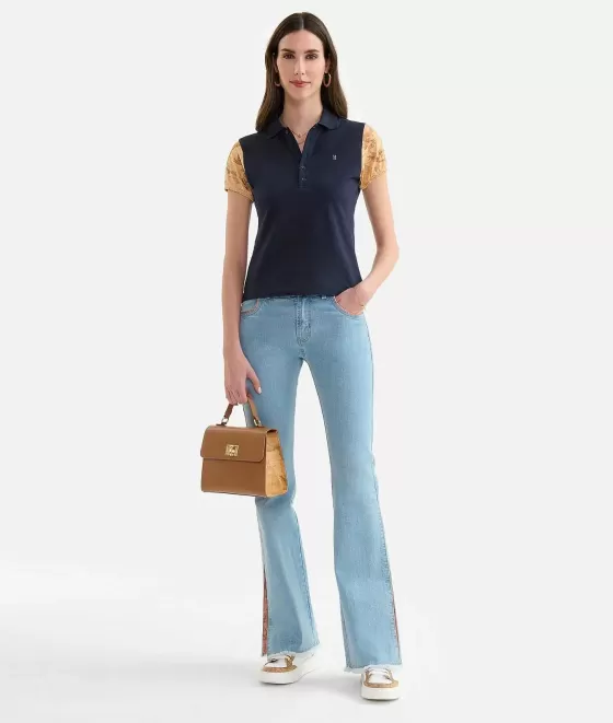 Donna Alviero Martini 1a Classe Polo In Jersey Piquet Con Manica Geo Classic Blu Scuro