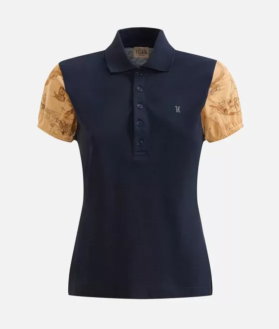Donna Alviero Martini 1a Classe Polo In Jersey Piquet Con Manica Geo Classic Blu Scuro