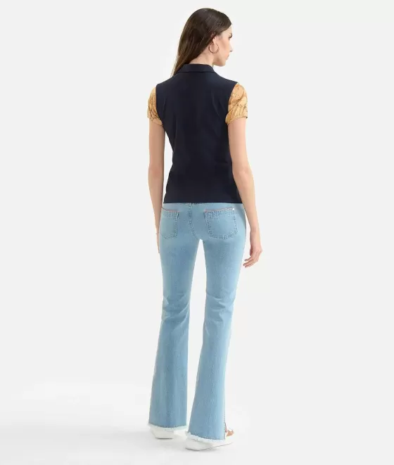 Donna Alviero Martini 1a Classe Polo In Jersey Piquet Con Manica Geo Classic Blu Scuro