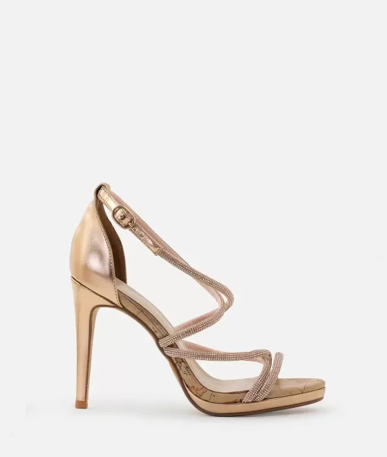 Donna Alviero Martini 1a Classe Sandali Alti In Tessuto Laminato Con Strass Oro Rosa