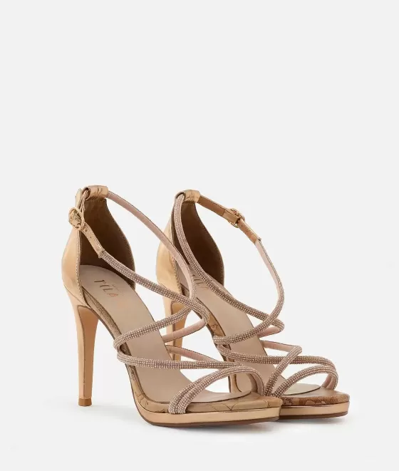 Donna Alviero Martini 1a Classe Sandali Alti In Tessuto Laminato Con Strass Oro Rosa
