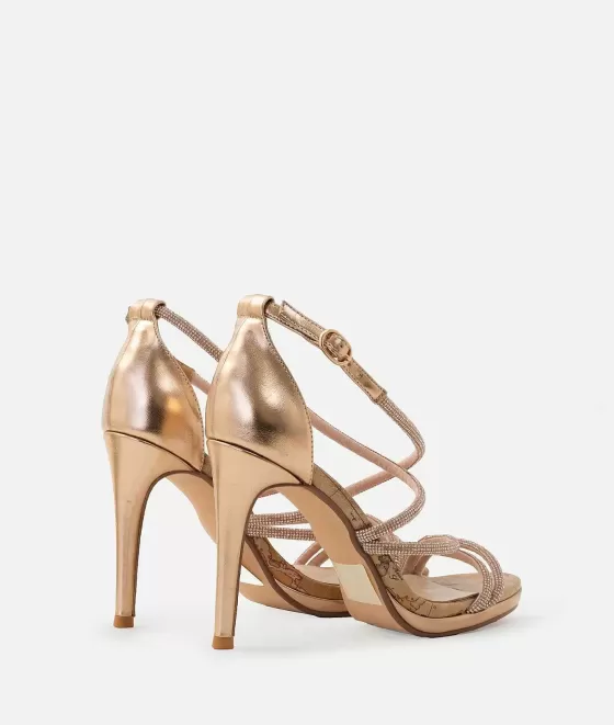 Donna Alviero Martini 1a Classe Sandali Alti In Tessuto Laminato Con Strass Oro Rosa