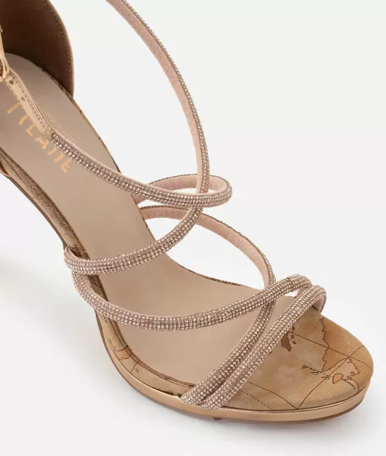 Donna Alviero Martini 1a Classe Sandali Alti In Tessuto Laminato Con Strass Oro Rosa