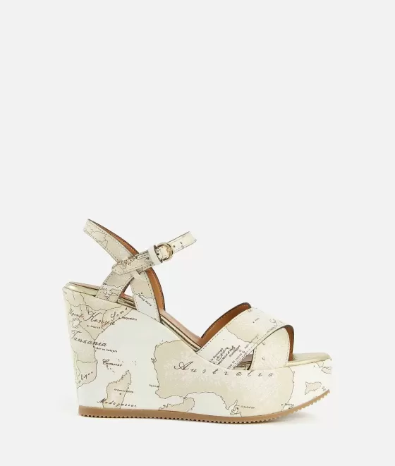 Donna Alviero Martini 1a Classe Sandali Con Zeppa Alta In Eco Nappa Geo Beige Bianchi
