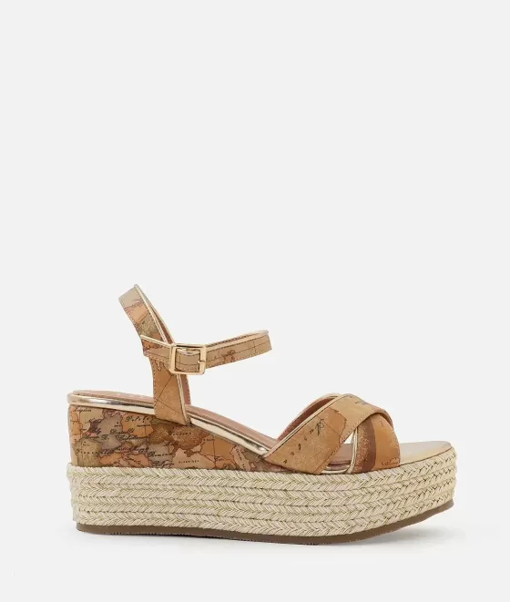 Donna Alviero Martini 1a Classe Sandali In Eco Nappa Stampa Geo Classic Con Zeppa In Corda Naturali