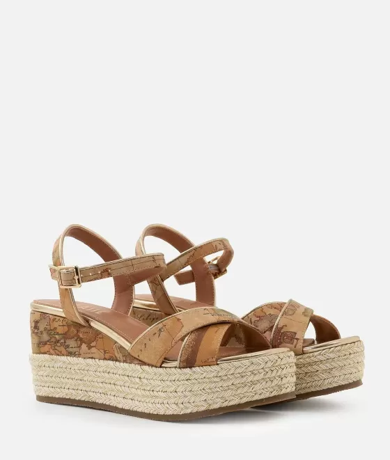 Donna Alviero Martini 1a Classe Sandali In Eco Nappa Stampa Geo Classic Con Zeppa In Corda Naturali