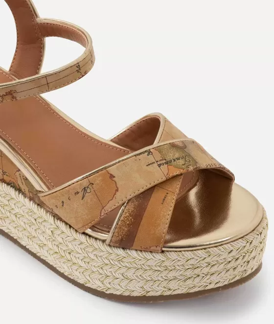 Donna Alviero Martini 1a Classe Sandali In Eco Nappa Stampa Geo Classic Con Zeppa In Corda Naturali