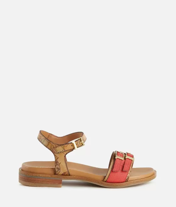 Donna Alviero Martini 1a Classe Sandali In Tessuto Stampa Saffiano Rosso Corallo
