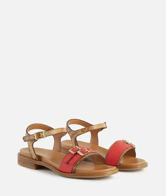 Donna Alviero Martini 1a Classe Sandali In Tessuto Stampa Saffiano Rosso Corallo