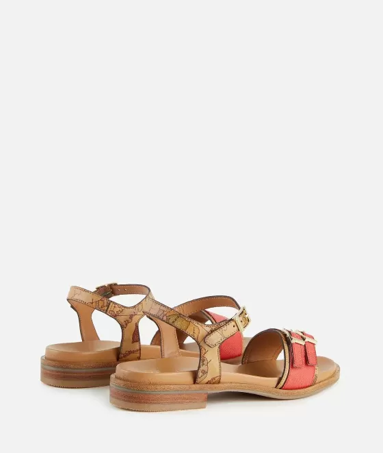 Donna Alviero Martini 1a Classe Sandali In Tessuto Stampa Saffiano Rosso Corallo