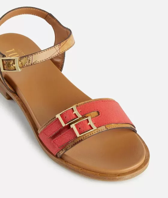 Donna Alviero Martini 1a Classe Sandali In Tessuto Stampa Saffiano Rosso Corallo