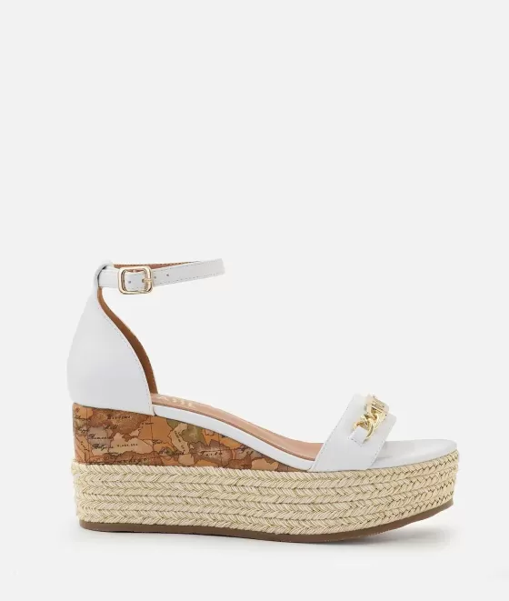 Donna Alviero Martini 1a Classe Sandali Zeppa In Eco Nappa Con Morsetto Catena Bianchi