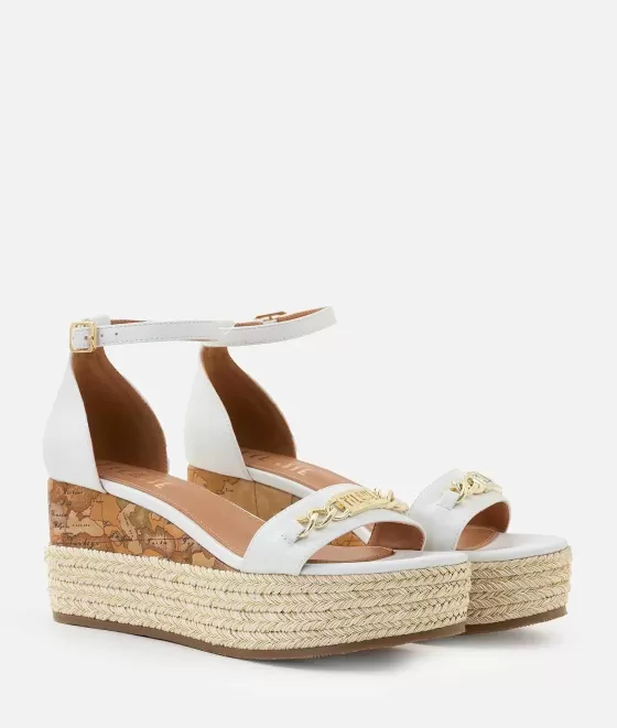 Donna Alviero Martini 1a Classe Sandali Zeppa In Eco Nappa Con Morsetto Catena Bianchi