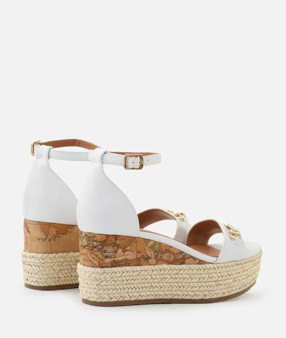 Donna Alviero Martini 1a Classe Sandali Zeppa In Eco Nappa Con Morsetto Catena Bianchi