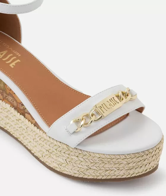 Donna Alviero Martini 1a Classe Sandali Zeppa In Eco Nappa Con Morsetto Catena Bianchi