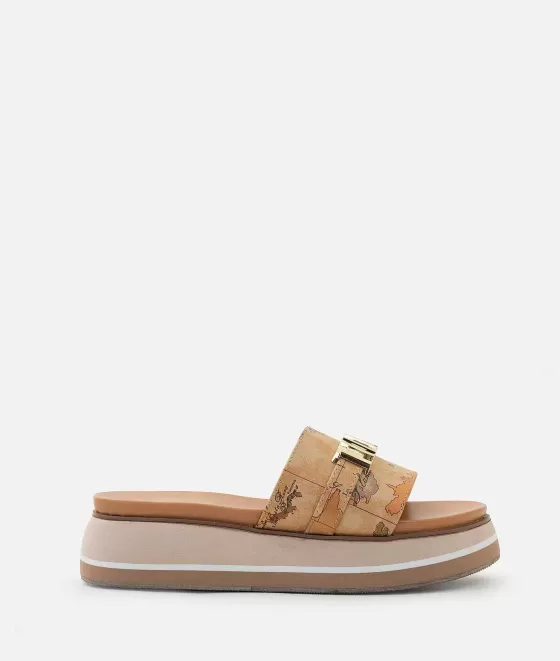 Donna Alviero Martini 1a Classe Sandali Zeppa In Eco Nappa Geo Classic Con Maxi Logo Naturali