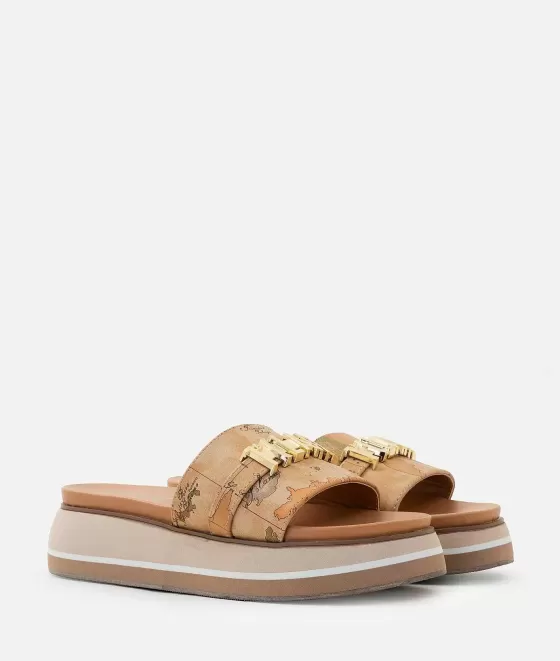 Donna Alviero Martini 1a Classe Sandali Zeppa In Eco Nappa Geo Classic Con Maxi Logo Naturali