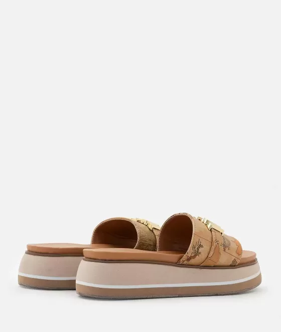 Donna Alviero Martini 1a Classe Sandali Zeppa In Eco Nappa Geo Classic Con Maxi Logo Naturali
