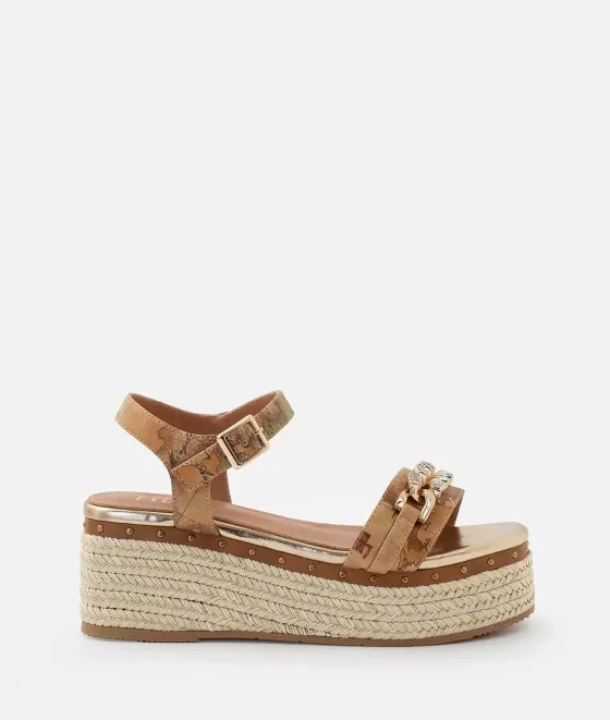 Donna Alviero Martini 1a Classe Sandali Zeppa In Eco Nappa Stampa Geo Classic Con Catena Naturali