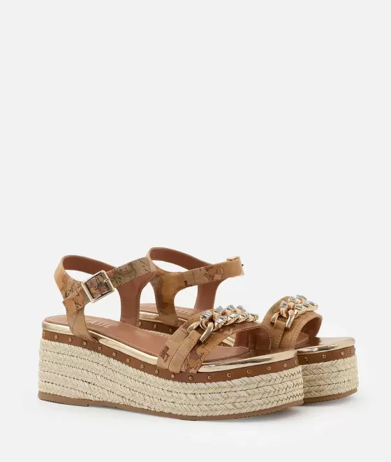 Donna Alviero Martini 1a Classe Sandali Zeppa In Eco Nappa Stampa Geo Classic Con Catena Naturali