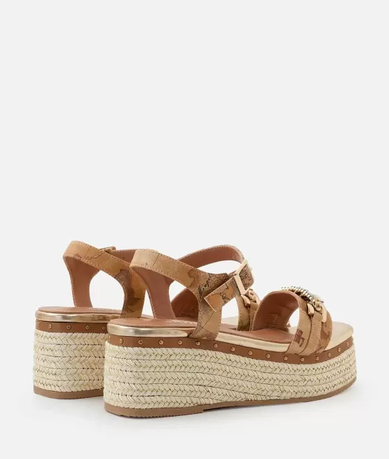 Donna Alviero Martini 1a Classe Sandali Zeppa In Eco Nappa Stampa Geo Classic Con Catena Naturali