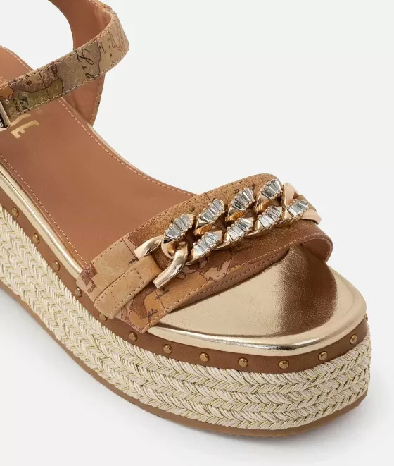 Donna Alviero Martini 1a Classe Sandali Zeppa In Eco Nappa Stampa Geo Classic Con Catena Naturali