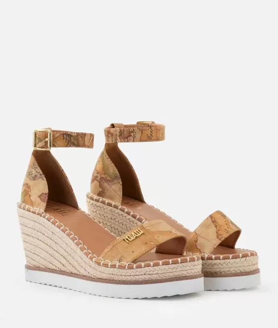 Donna Alviero Martini 1a Classe Sandali Zeppa In Eco Nappa Stampa Geo Classic Con Logo Naturali