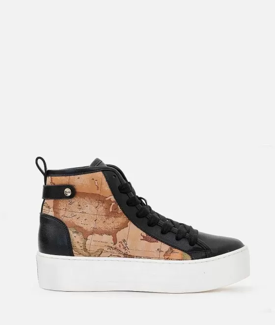 Donna Alviero Martini 1a Classe Sneakers Alta In Pelle Liscia Con Inserti In Stampa Geo Classic Nere