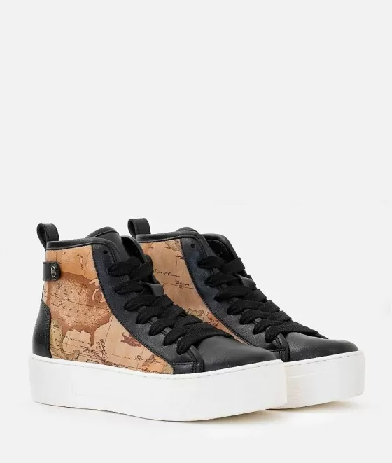 Donna Alviero Martini 1a Classe Sneakers Alta In Pelle Liscia Con Inserti In Stampa Geo Classic Nere