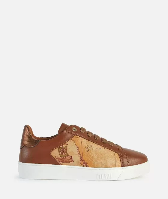 Donna Alviero Martini 1a Classe Sneakers In Pelle Liscia Con Inserto Laminato Castagna