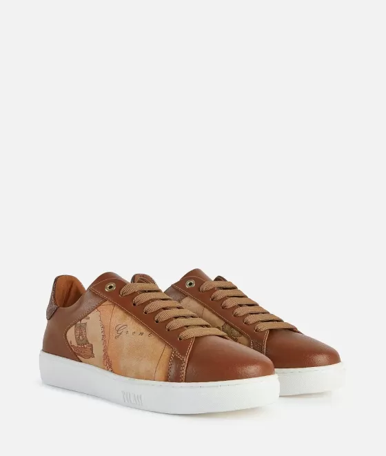 Donna Alviero Martini 1a Classe Sneakers In Pelle Liscia Con Inserto Laminato Castagna