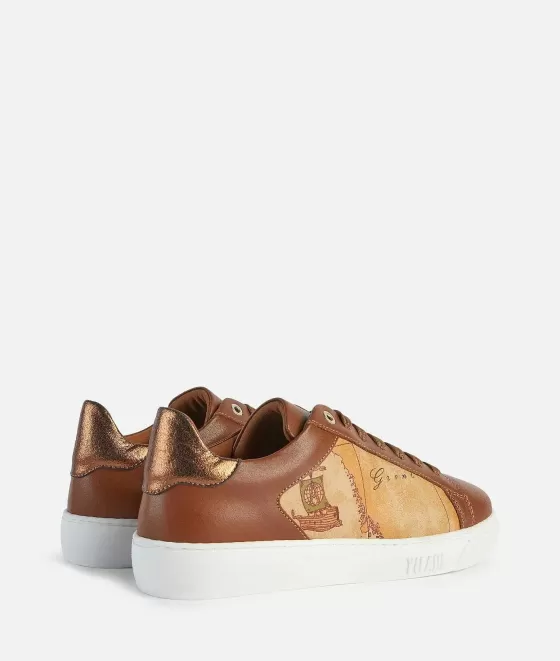 Donna Alviero Martini 1a Classe Sneakers In Pelle Liscia Con Inserto Laminato Castagna