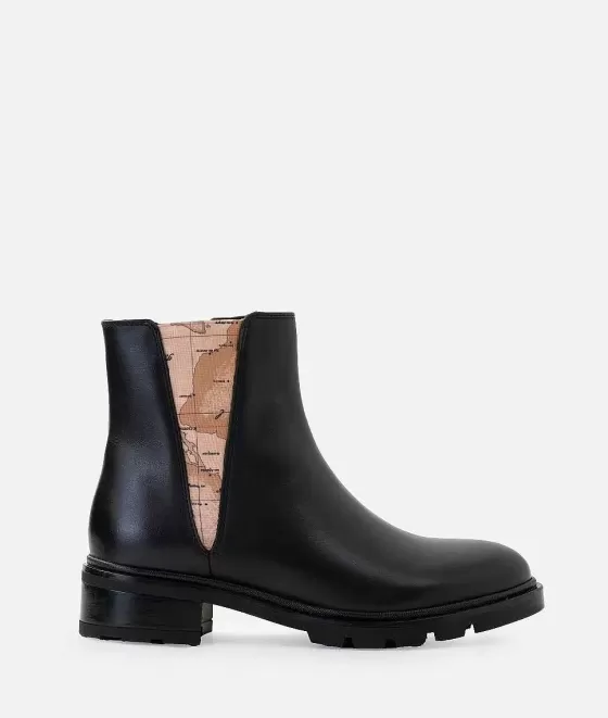 Donna Alviero Martini 1a Classe Stivaletti Beatles In Pelle Liscia Con Elastico Stampa Geo Classic Neri