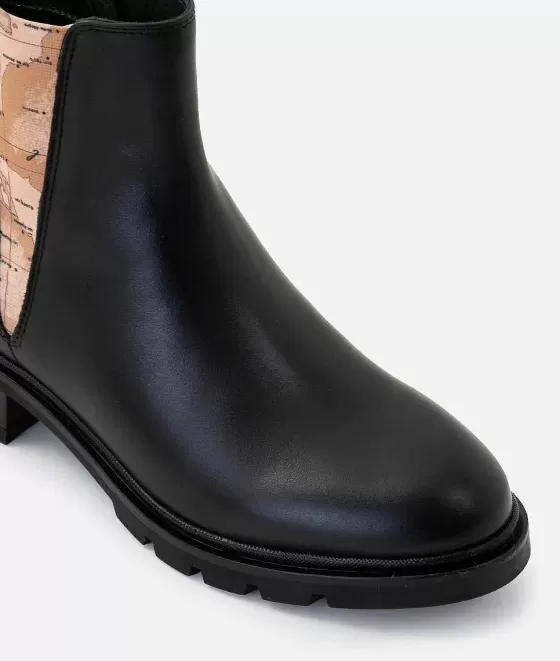 Donna Alviero Martini 1a Classe Stivaletti Beatles In Pelle Liscia Con Elastico Stampa Geo Classic Neri
