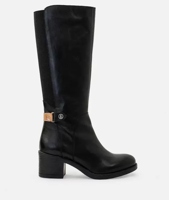 Donna Alviero Martini 1a Classe Stivali Alti In Pelle Liscia Con Borchia Logata Neri
